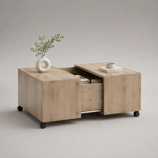 Tavolino da salotto rettangolare in truciolare melaminico con cassetto, vano contenitore e ruote, rovere chiaro, 100 x 60 x 45 cm