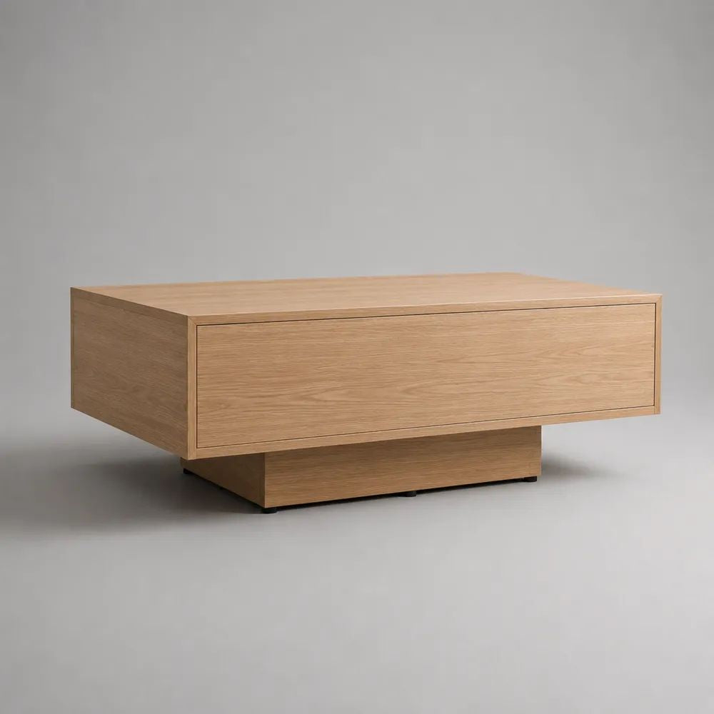 Tavolino rettangolare in MDF impiallacciato rovere naturale con cassetto, 90 × 60 × 40 cm